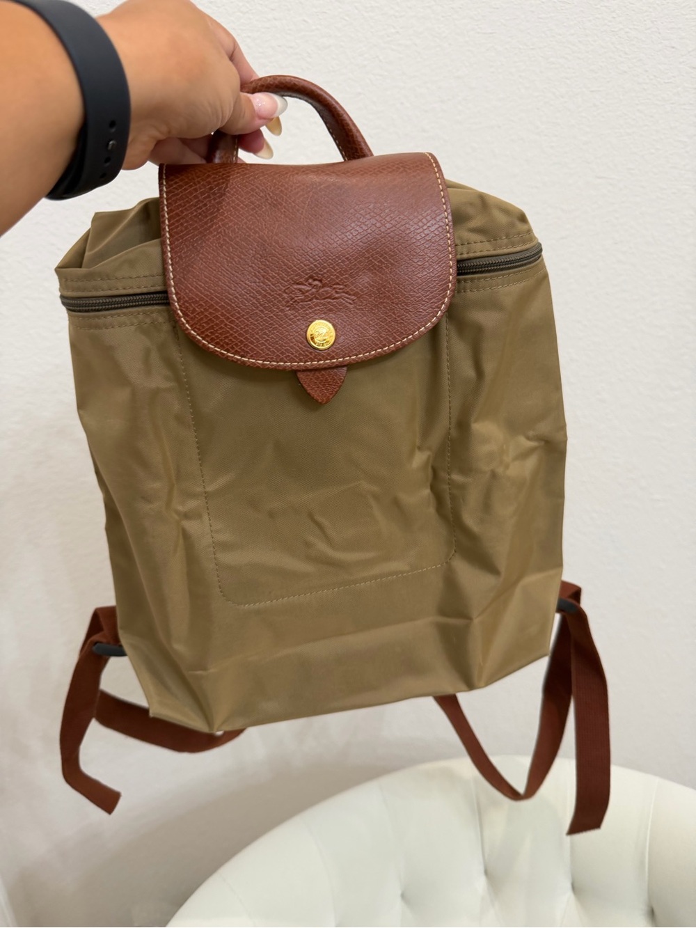 Longchamp Olive/Brown Original Backpack with Gold Snap L1699089P49 - Picture 3 of 10